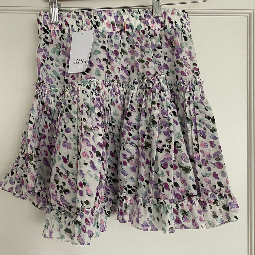 Misa Los angeles size M mini skirt. white with purple and green designs. NWT